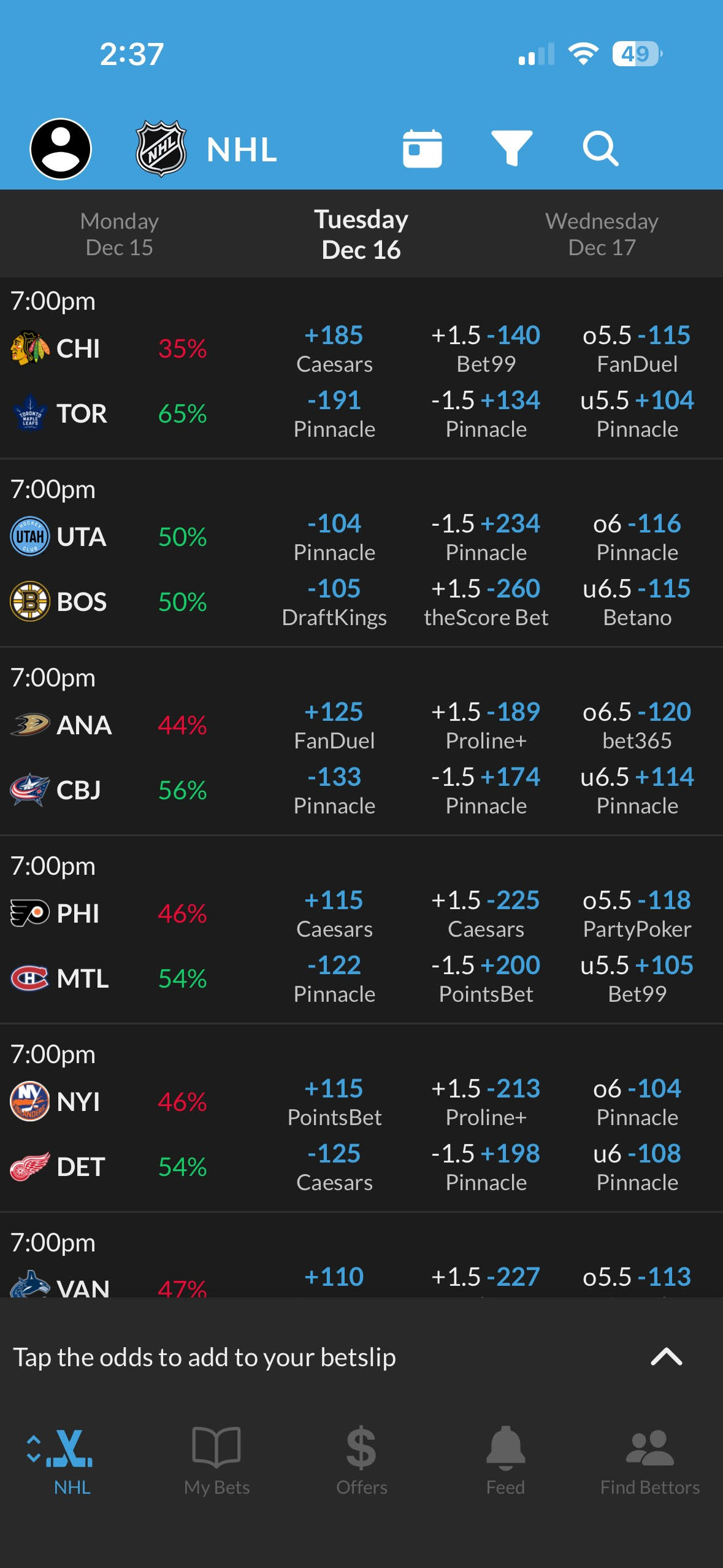 Betstamp NHL Odds Screen